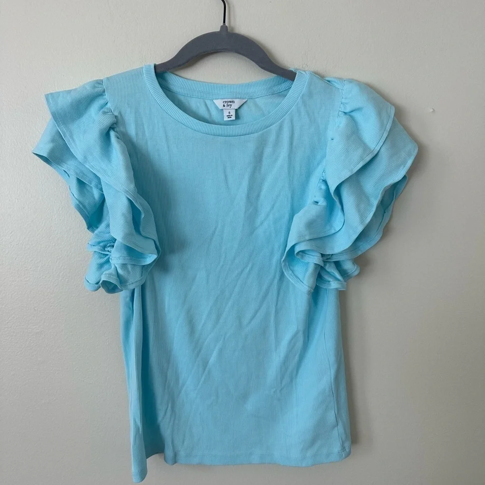 Crown and Ivy Blue Ribbed Ruffle Short Sleeve T-shirt Size S